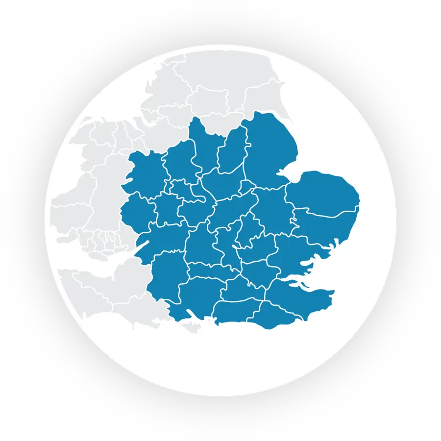 Map of the London, South East and East of England area covered by Cascade Water Services water consultancy